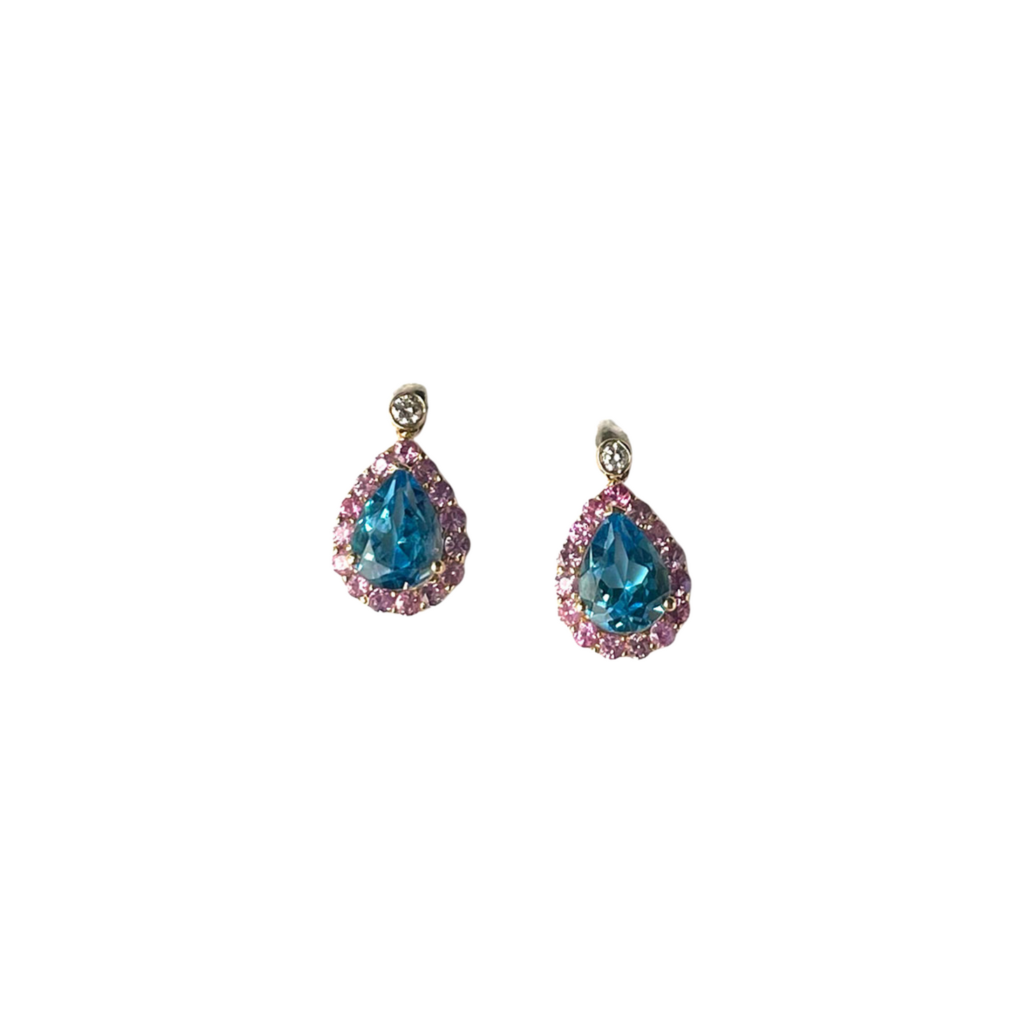 Aretes en oro amarillo 14K con espineles rosado y topacio azul corte pera y topacio blanco