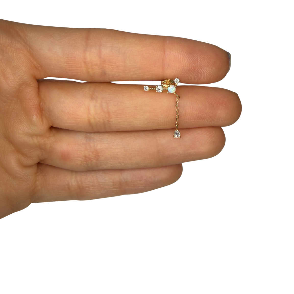 Arete en oro amarillo 14k con circonitas, ópalo sintético y cadena colgante