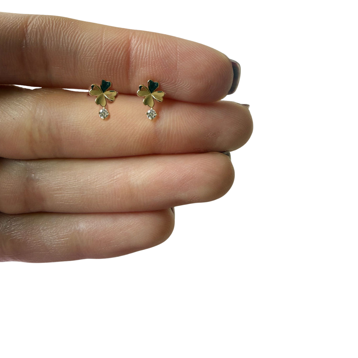 Aretes trébol con circonita redonda abajo en en oro amarillo 14K con tope rosca