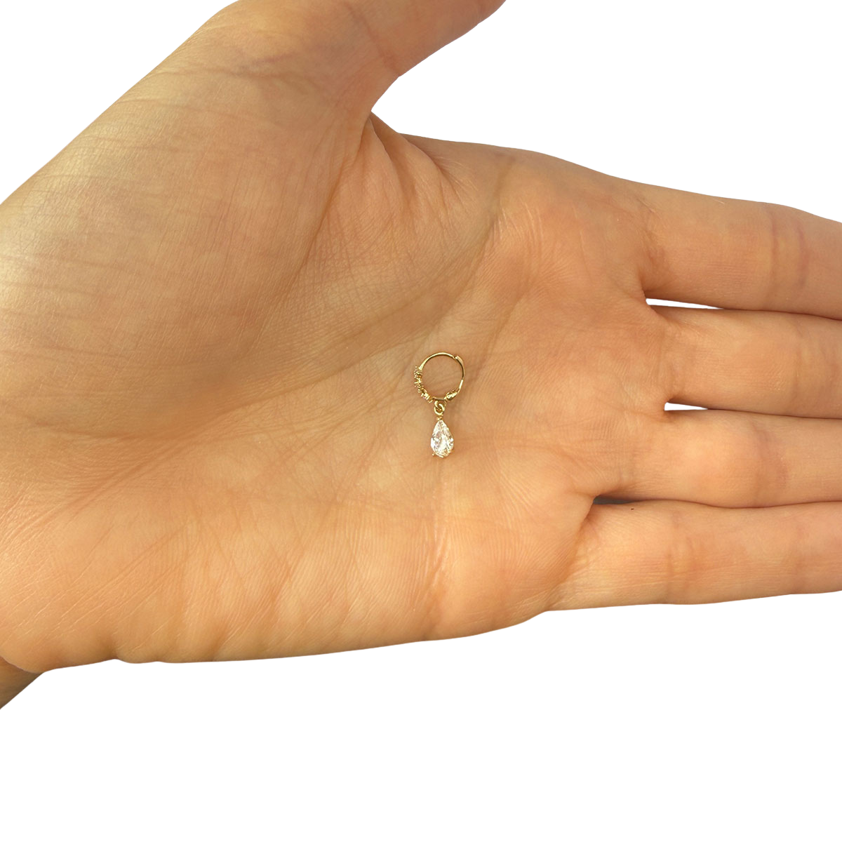 Mini argolla en oro amarillo 14k con gota colgante de circonita