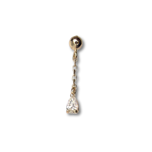 Arete piercing bolita de oro amarillo 14k con cadena y gota de circón colgando