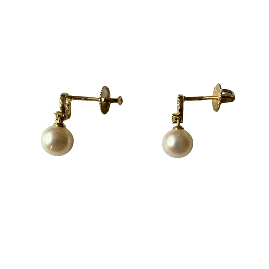 Aretes en oro amarillo 10k de circulo de diamantes 0.18ctw y perla colgante con broche a rosca