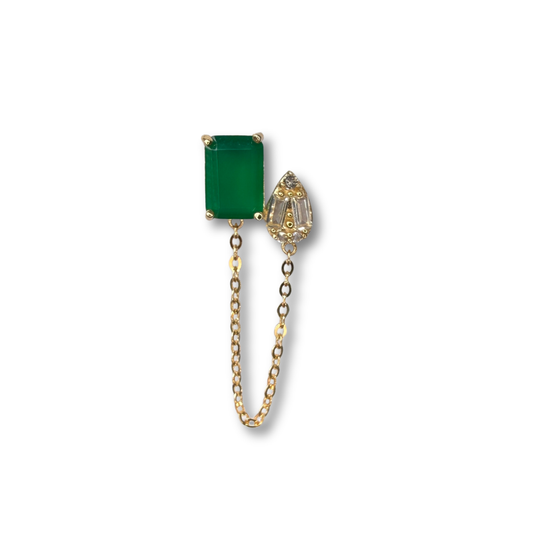 Aretes con calcedonia rectangular y diamantes de laboratorio y cadena en oro amarillo 18k