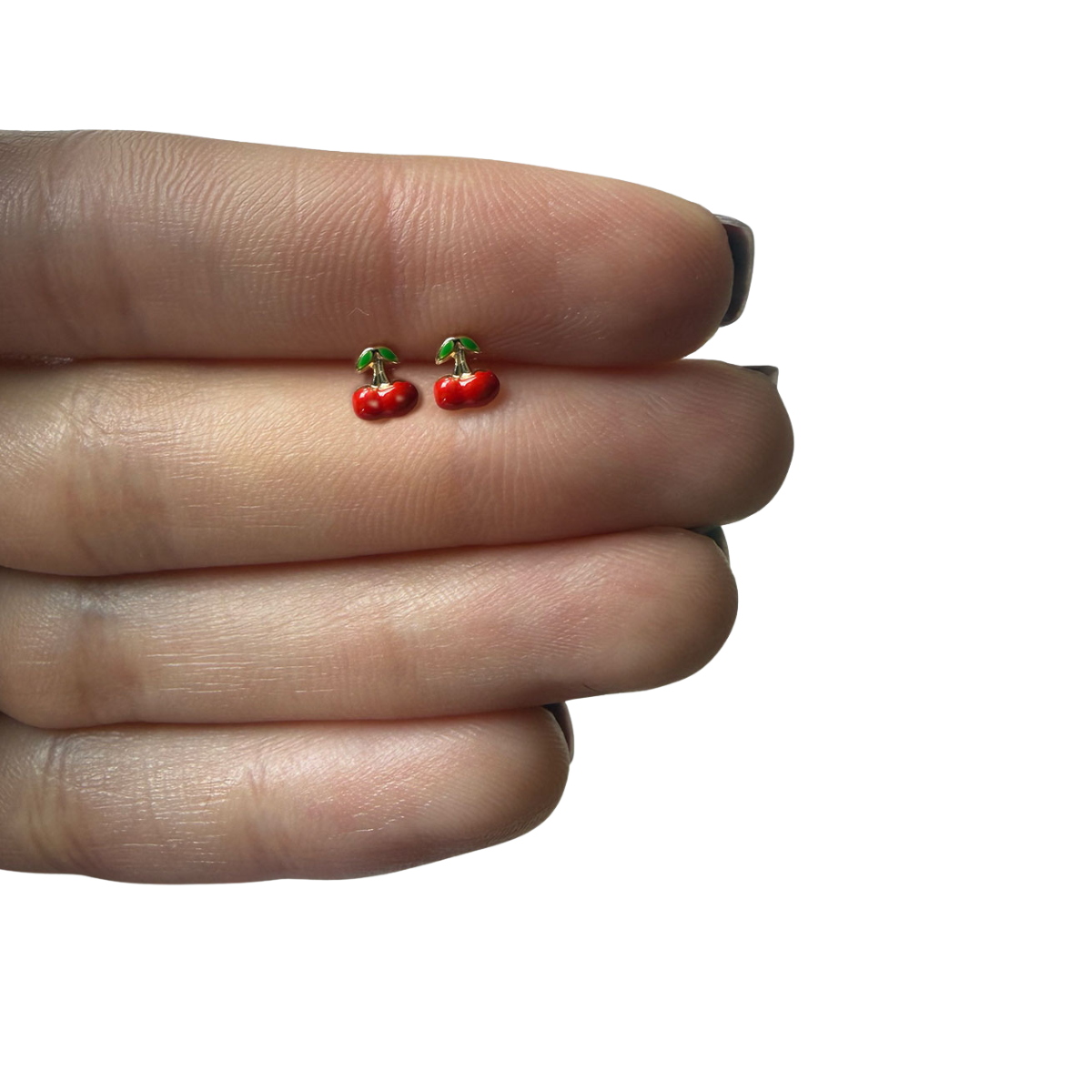 Aretes cereza esmaltada en oro amarillo 14K con tope rosca