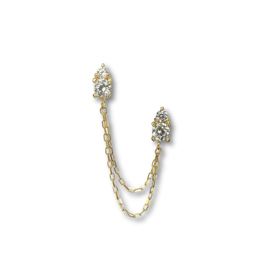 Arete en oro amarillo 14k con circones con doble cadena colgando