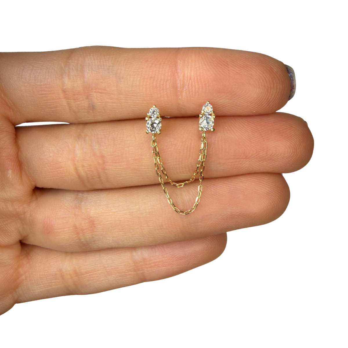 Arete en oro amarillo 14k con circones con doble cadena colgando