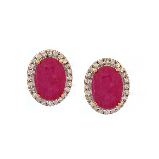 Aretes en oro amarillo 10k con rubí ovalado y halo de diamantes 0.25ctw