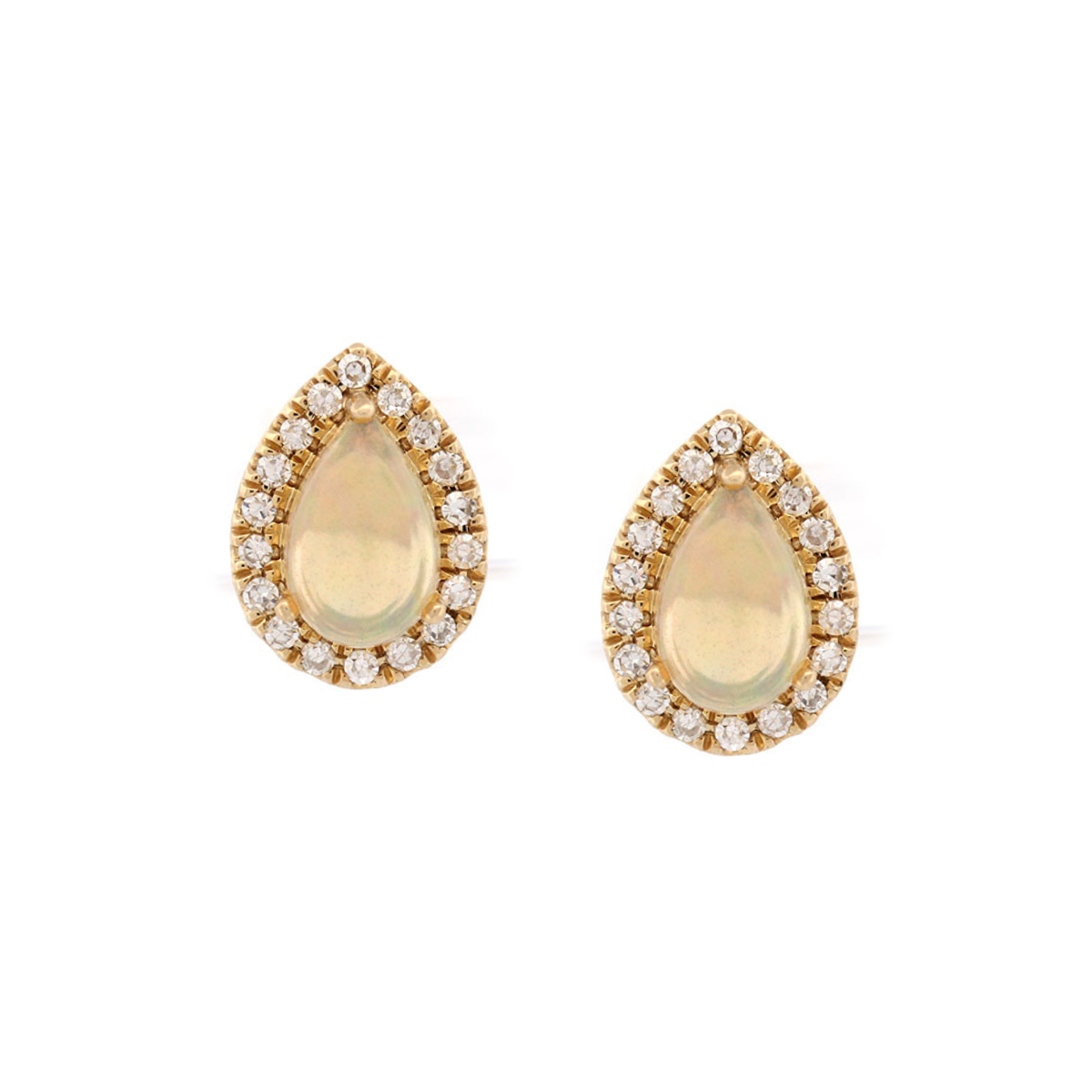 Aretes en oro amarillo 10k con opalos en forma de gota y halo de diamantes 0.18ctw