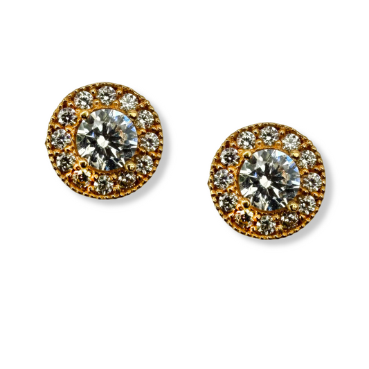 Arete en oro amarillo 18k con circonita blanca y Halo con tope rosca
