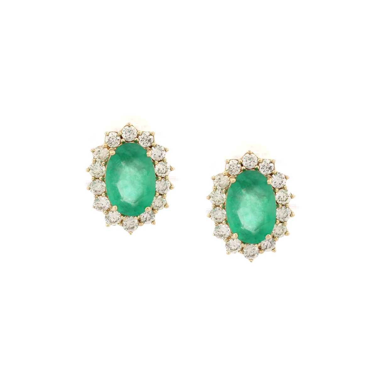 Aretes en oro amarillo 10K con esmeraldas ovaladas y halo de diamantes 0.30ctw
