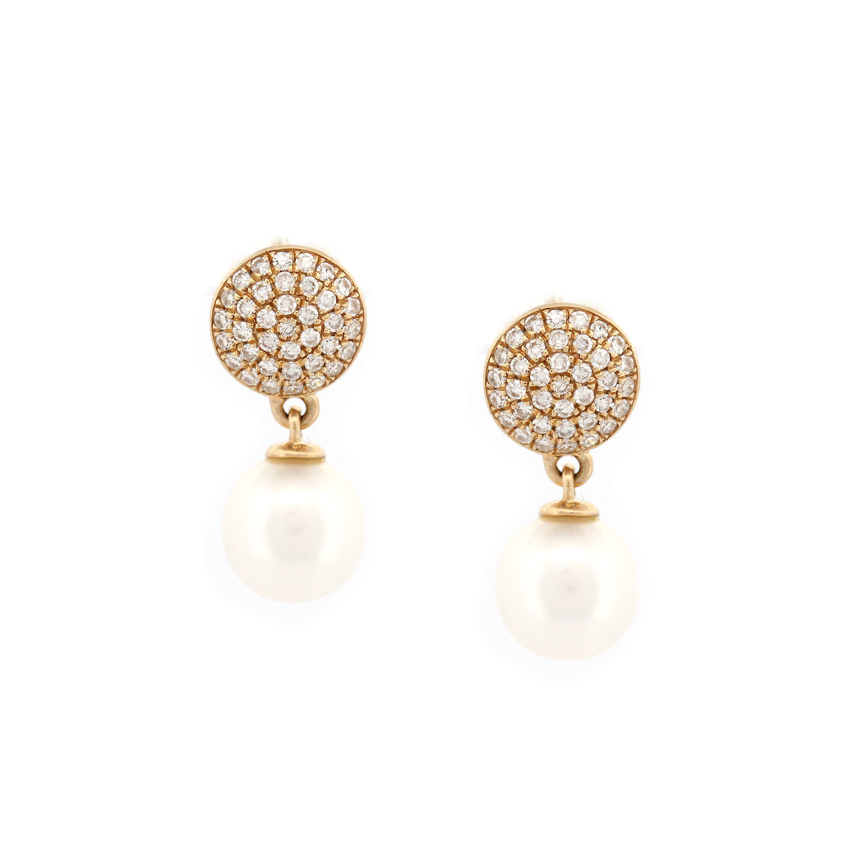 Aretes en amarillo 14K con círculo de diamantes 0.25ctw y perla colgante
