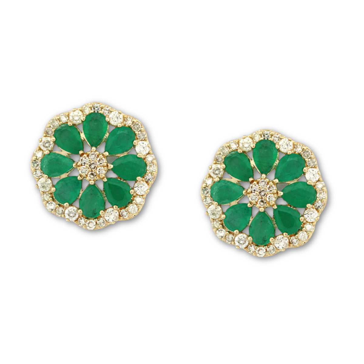 Aretes en oro amarillo 10K en forma de flor con esmeraldas y diamantes 0.75ctw