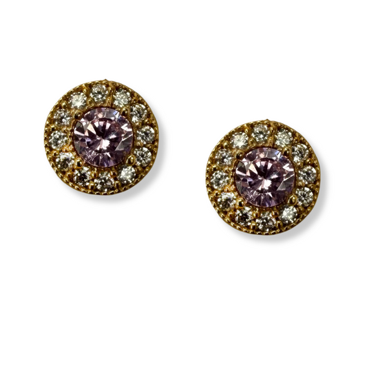 Arete en oro amarillo 14k con circonita rosada y Halo con tope rosca