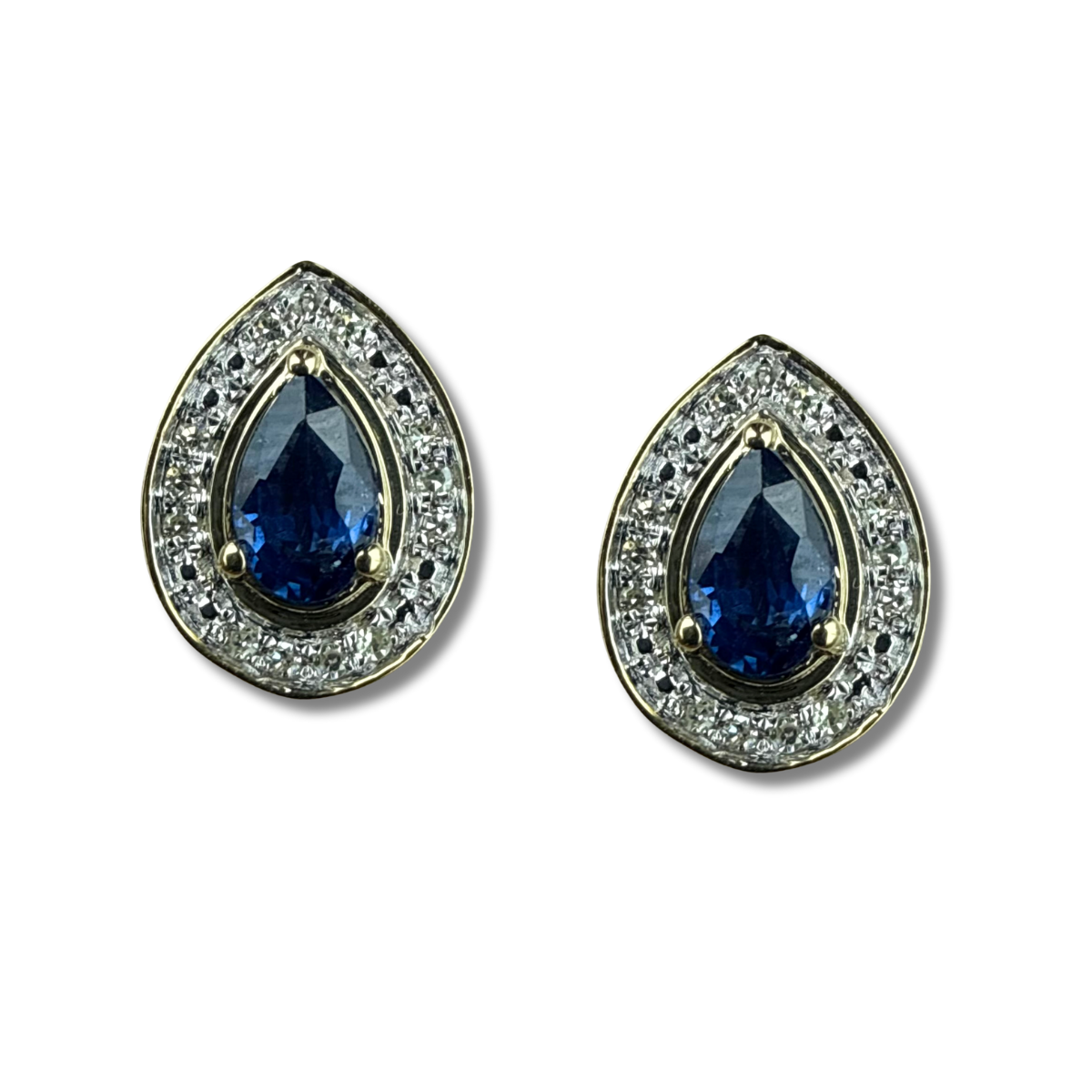 Aretes en oro amarillo 10K con gota de zafiro y halo de diamantes 0.07ctw