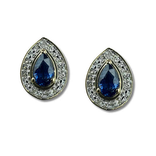 Aretes en oro amarillo 10K con gota de zafiro y halo de diamantes 0.07ctw