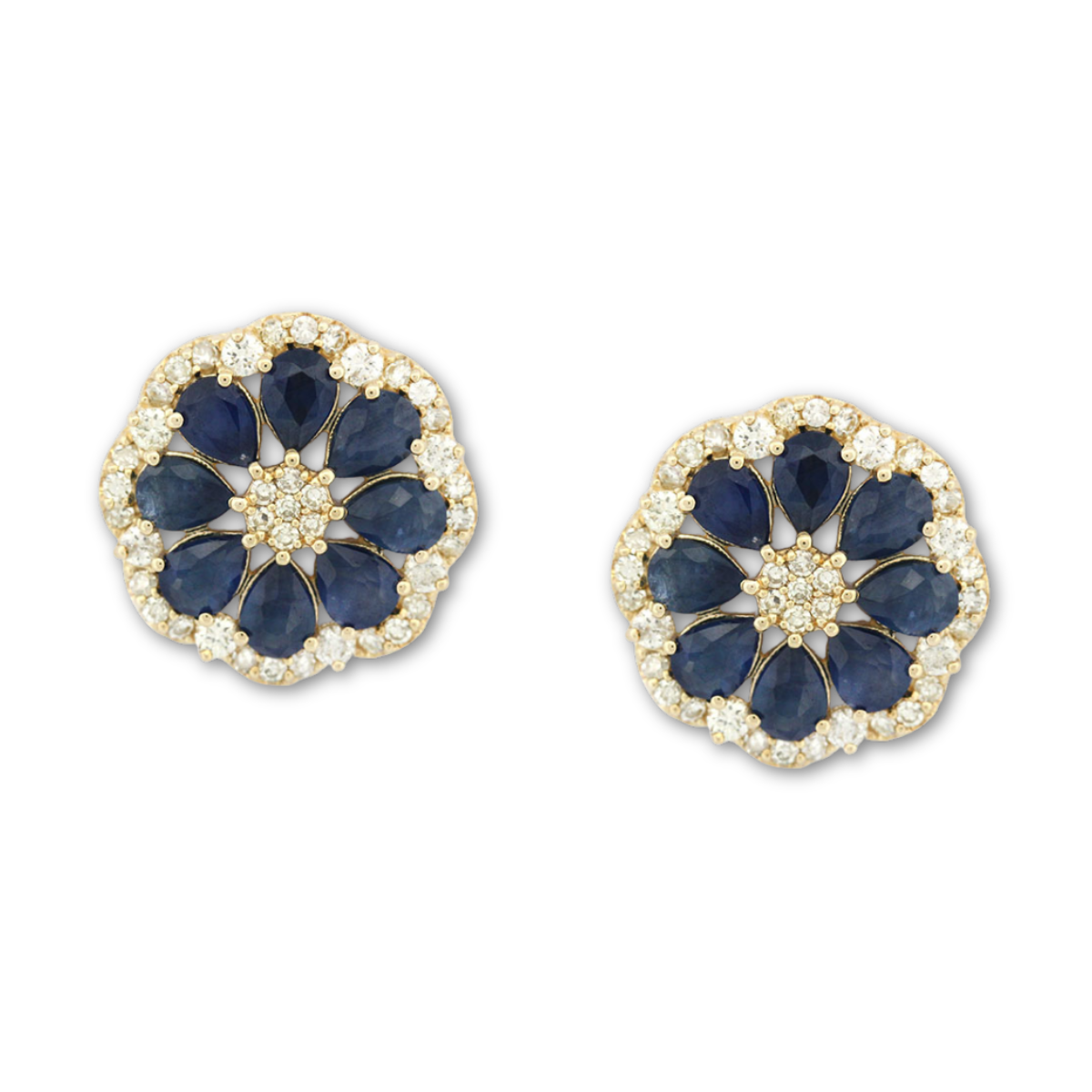 Aretes en oro amarillo 10K en forma de flor con zafiros y diamantes 0.75ctw