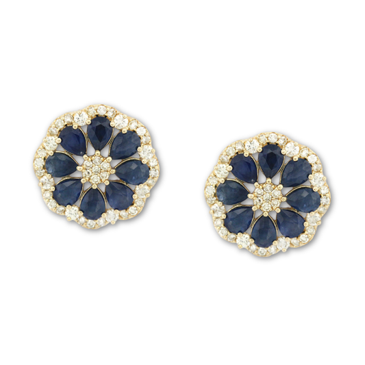 Aretes en oro amarillo 10K en forma de flor con zafiros y diamantes 0.75ctw