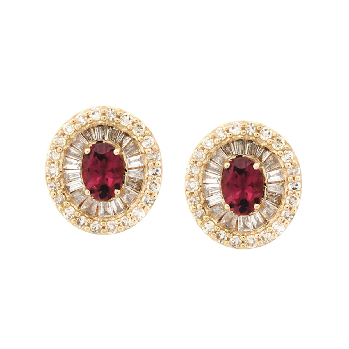 Aretes en oro amarillo 10K con granate ovalado y halo de diamantes redondos y baguettes 0.40ctw