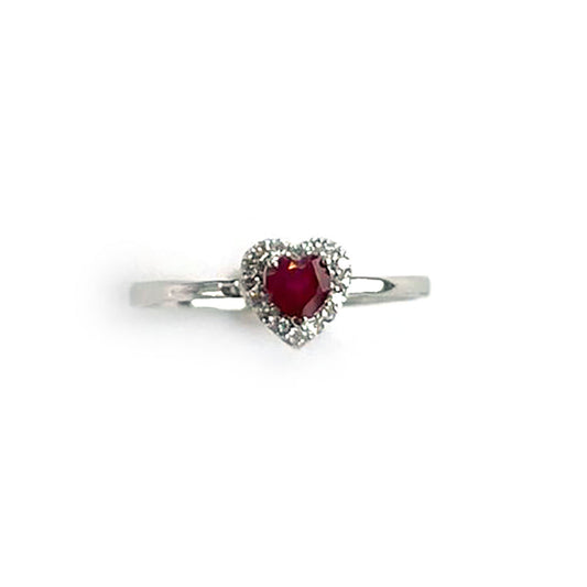 Anillo en oro blanco 14K con corazón de rubí 0.30ct y diamantes 0.08ctw