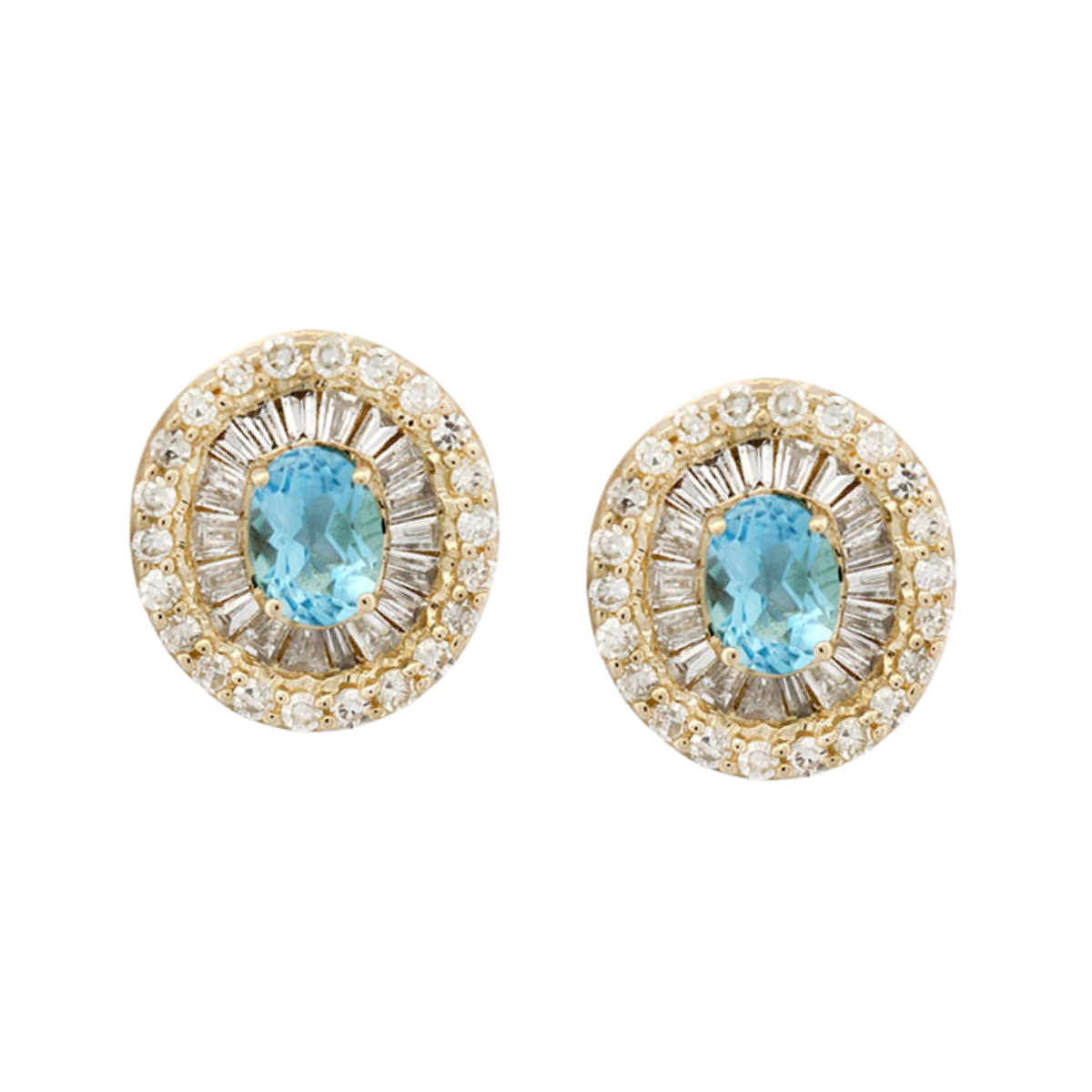 Aretes en oro amarillo 10K con topacio ovalado y halo de diamantes redondos y baguettes 0.40ctw