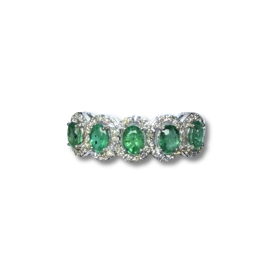 Anillo en oro blanco 14K con esmeraldas ovaladas y diamantes 0.33ctw