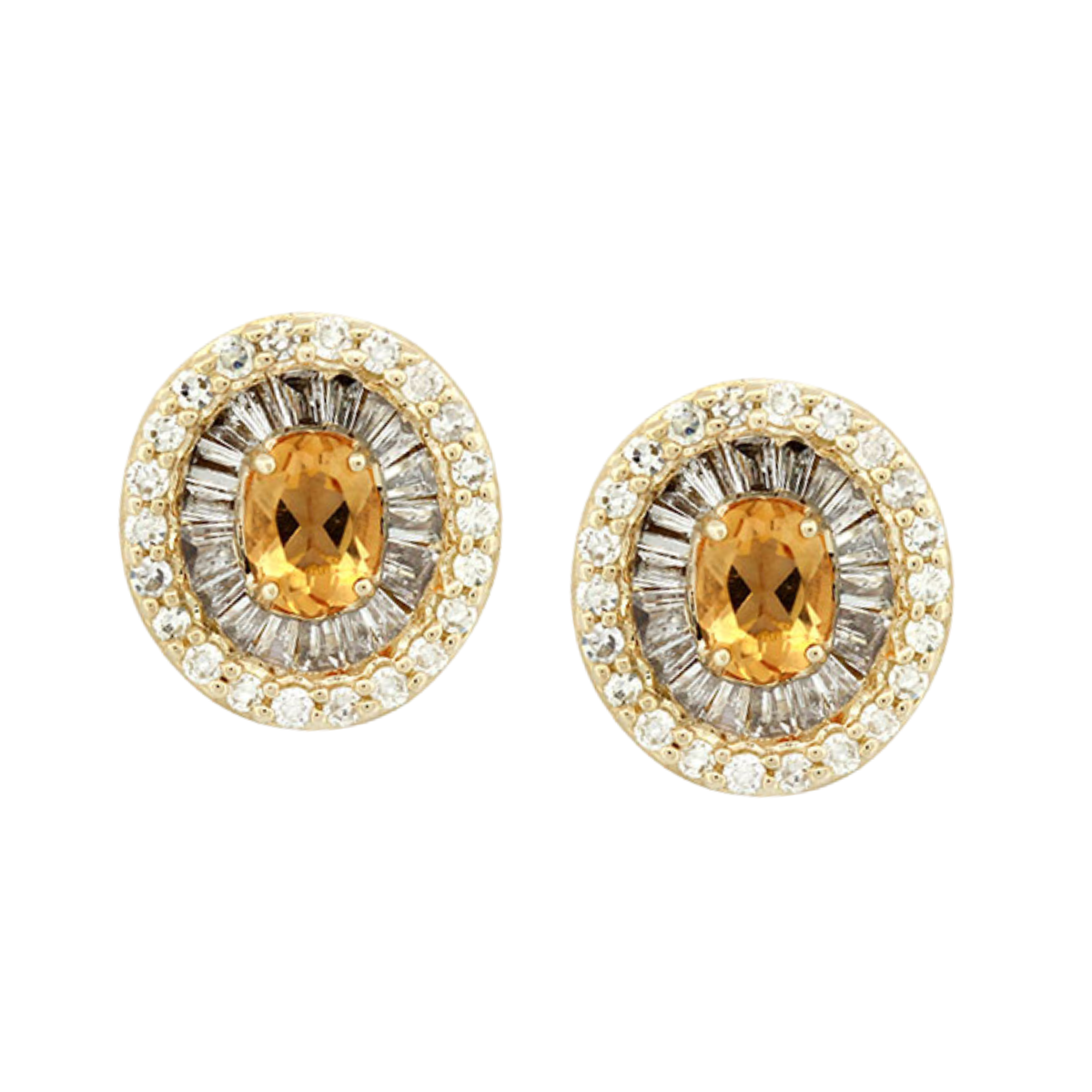 Aretes en oro amarillo 10K con citrino ovalado y halo de diamantes redondos y baguettes 0.40ctw