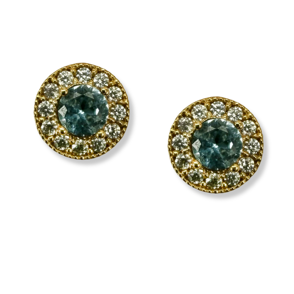 Arete en oro amarillo 14k con circonita celeste y Halo con tope rosca