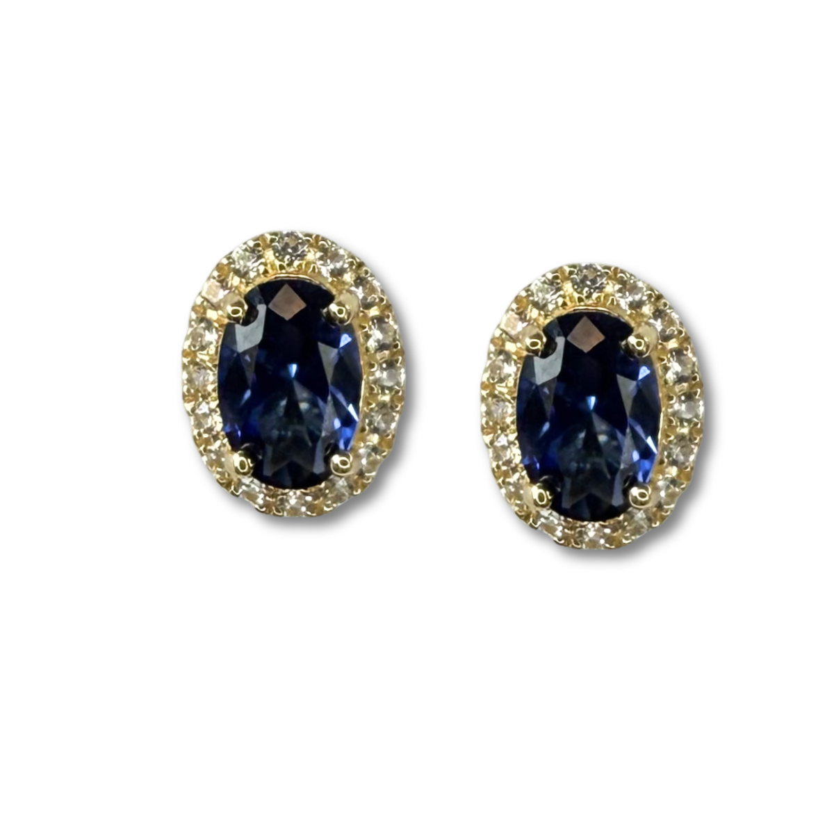 Aretes ovalados en oro amarillo 10K con zafiros azules y blancos de laboratorio