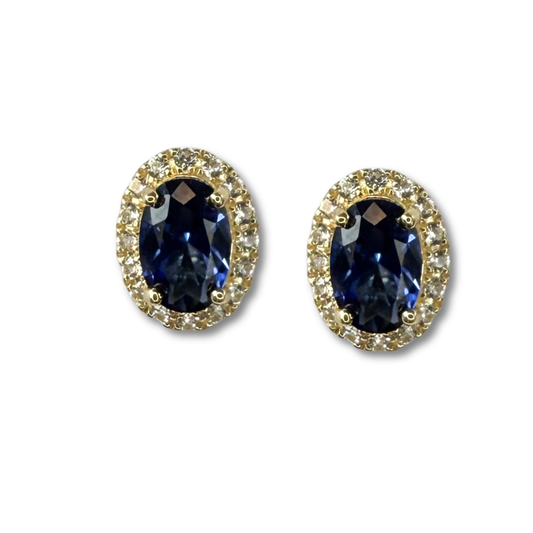 Aretes ovalados en oro amarillo 10K con zafiros azules y blancos de laboratorio