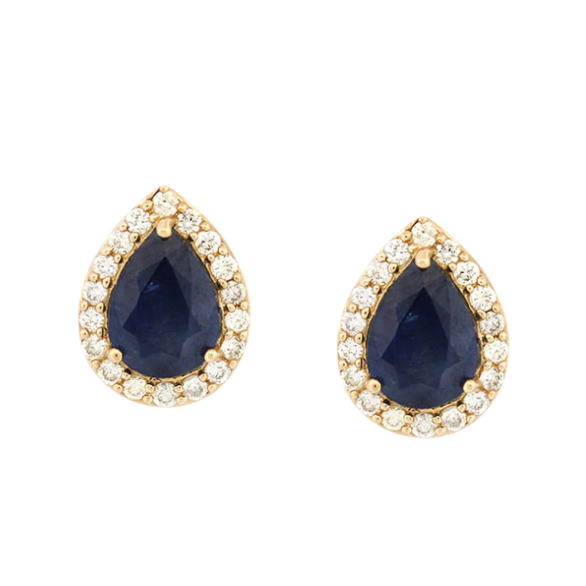 Aretes en oro amarillo 10K con zafiro corte pera y halo de diamantes 0.30ctw con broche rosca
