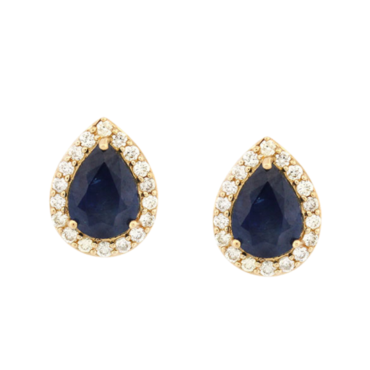 Aretes en oro amarillo 10K con zafiro corte pera y halo de diamantes 0.30ctw con broche rosca