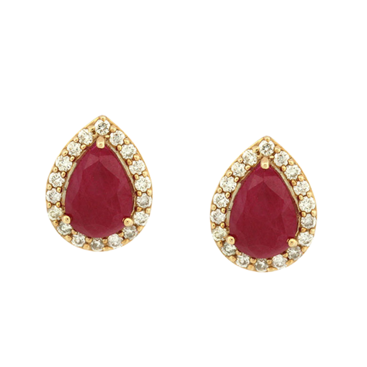 Aretes en oro amarillo 10K con rubí corte pera y halo de diamantes 0.30ctw con broche rosca