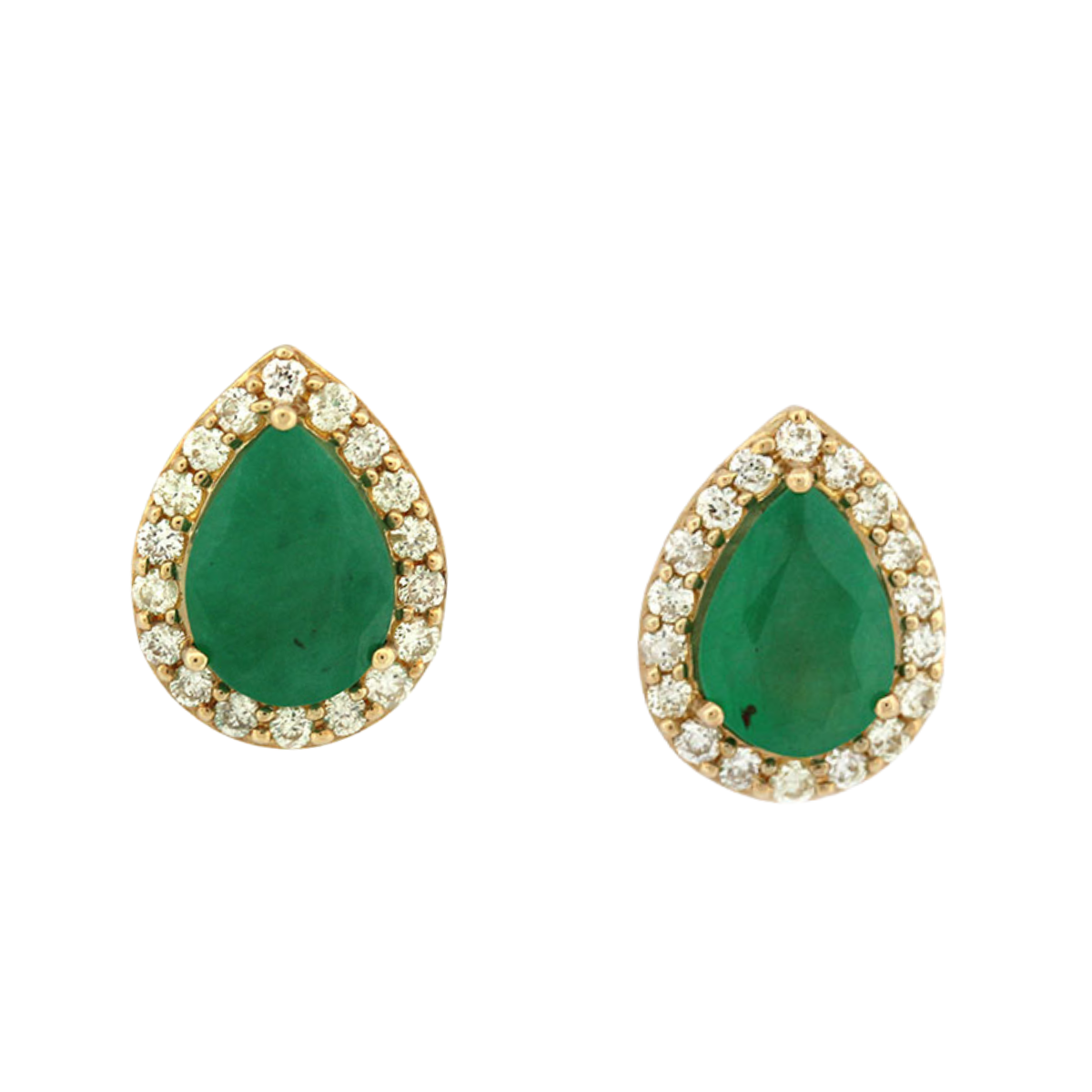 Aretes en oro amarillo 10K con esmeralda corte pera y halo de diamantes 0.30ctw
