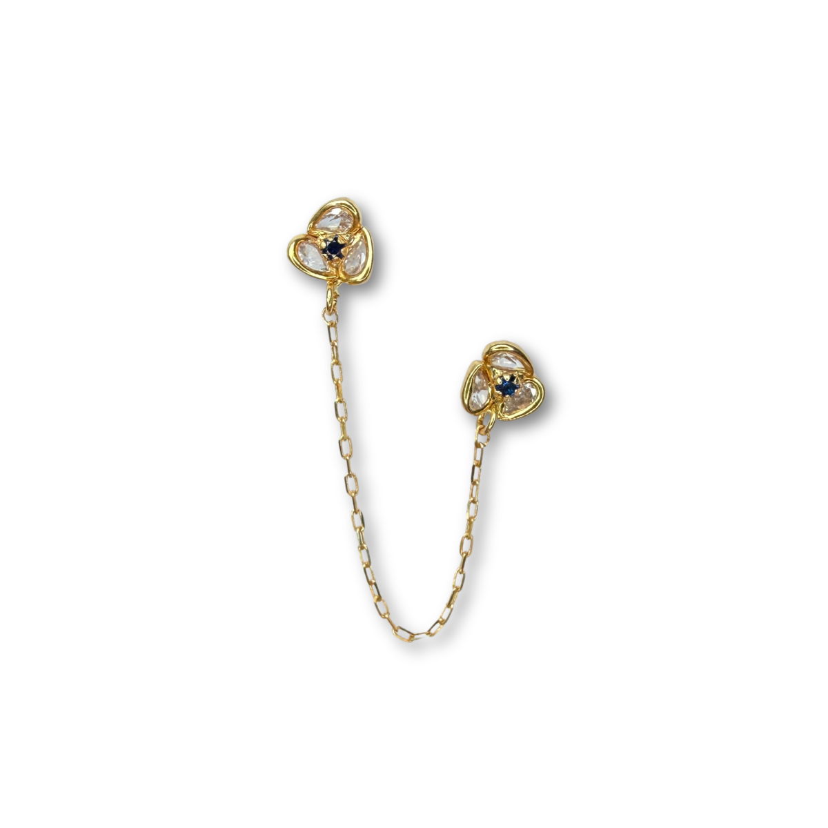 Arete doble flor de circonitas con cadena en oro amarillo 18k