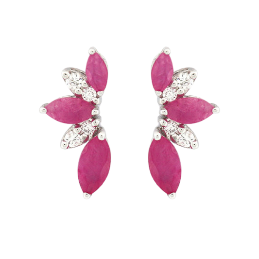 Aretes en oro blanco 14K con tres marquesas de rubíes y diamantes 0.10ctw