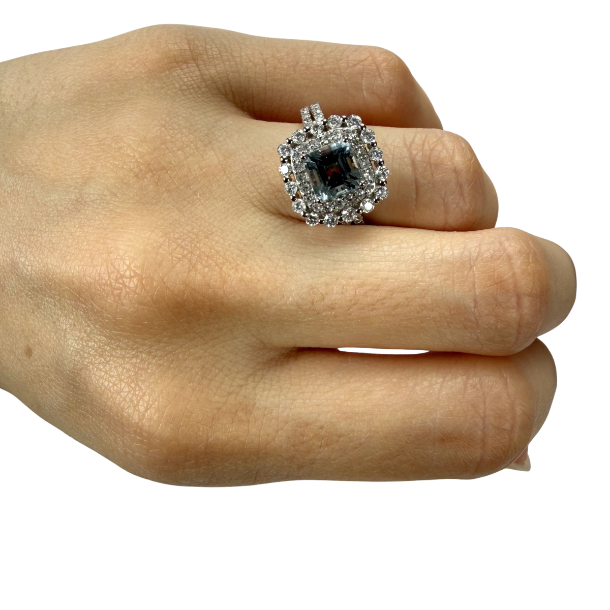 Anillo en oro blanco 14K con aquamarina cuadrada 1ct y diamantes 1ctw