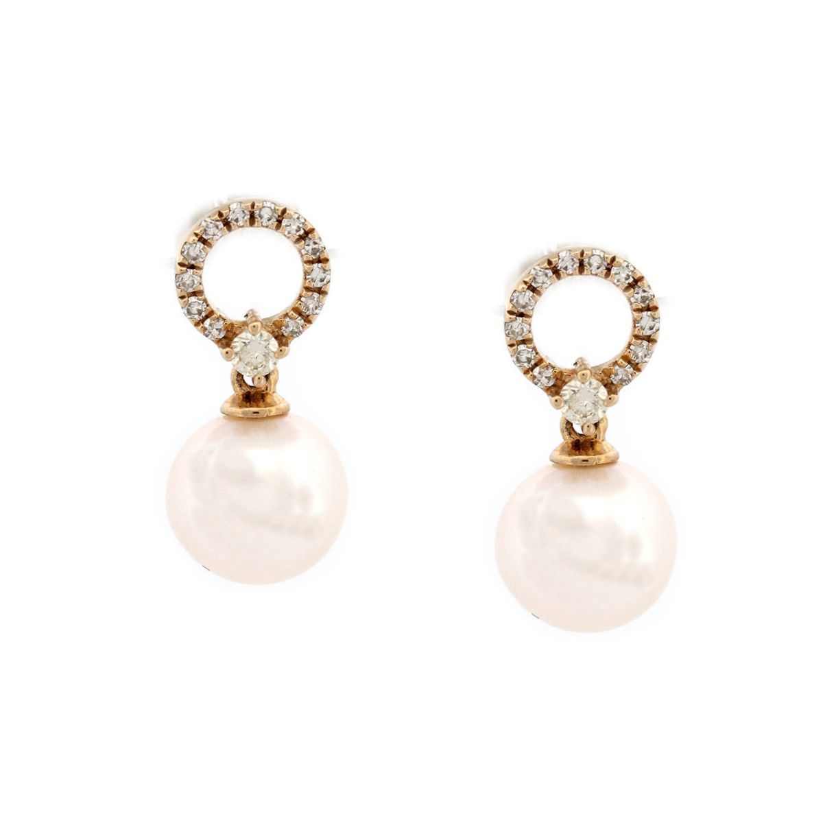 Aretes en oro amarillo 10k de circulo de diamantes 0.18ctw y perla colgante con broche a rosca
