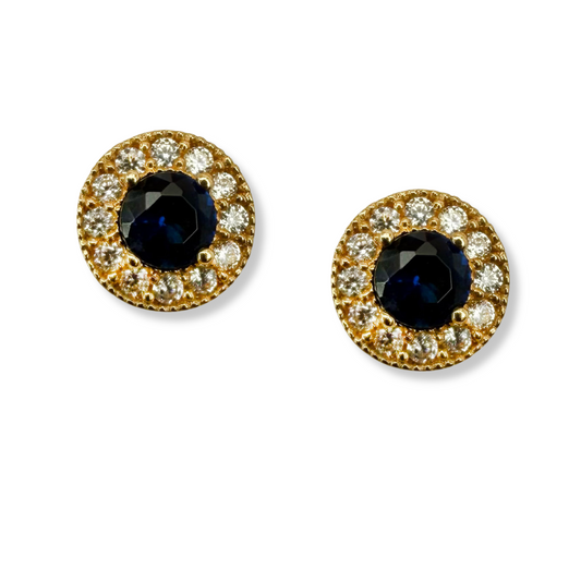 Arete en oro amarillo 14k con circonita azul y Halo con tope rosca