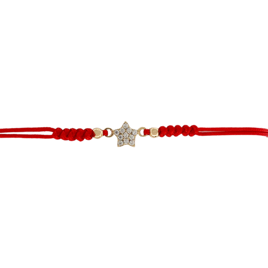 Pulsera de cordón rojo con estrella de circonitas en oro amarillo 14K