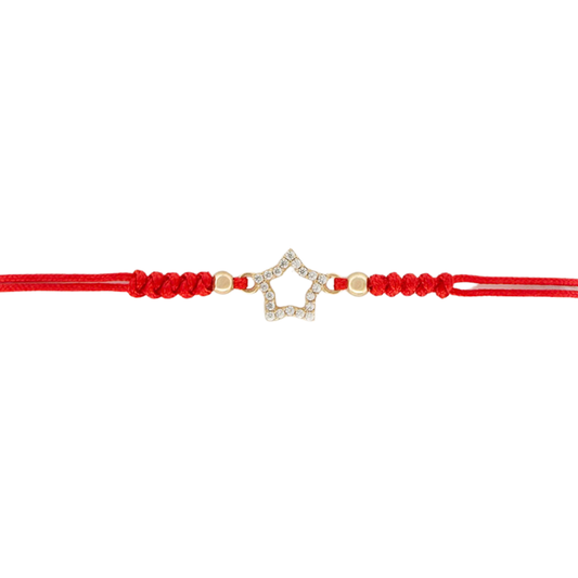 Pulsera de cordón rojo con estrella delineada grande de circonitas en oro amarillo 14K