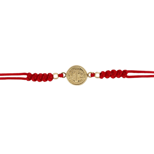 Pulsera de cordón rojo con medalla de San Benito pequeña en oro amarillo 14K