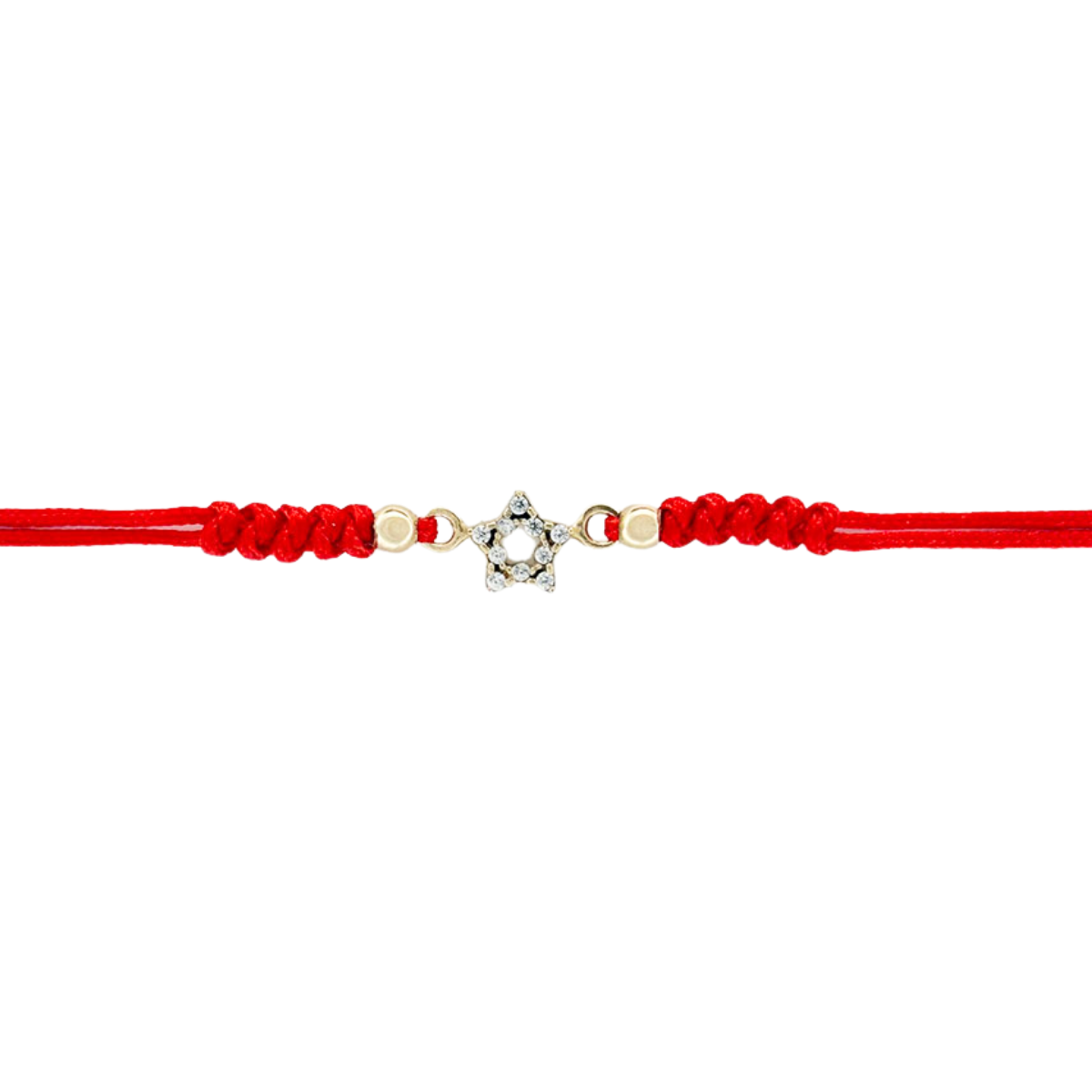 Pulsera de cordón rojo con estrella delineada pequeña de circonitas en oro amarillo 14K