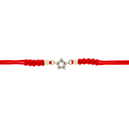 Pulsera de cordón rojo con estrella delineada pequeña de circonitas en oro amarillo 14K