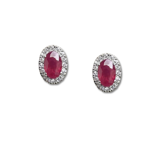 Aretes en oro blanco 14K con rubí y halo de diamantes 0.10ctw