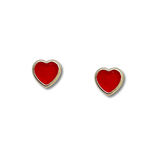 Aretes en oro amarillo 14k con corazón esmaltado rojo con tope rosca