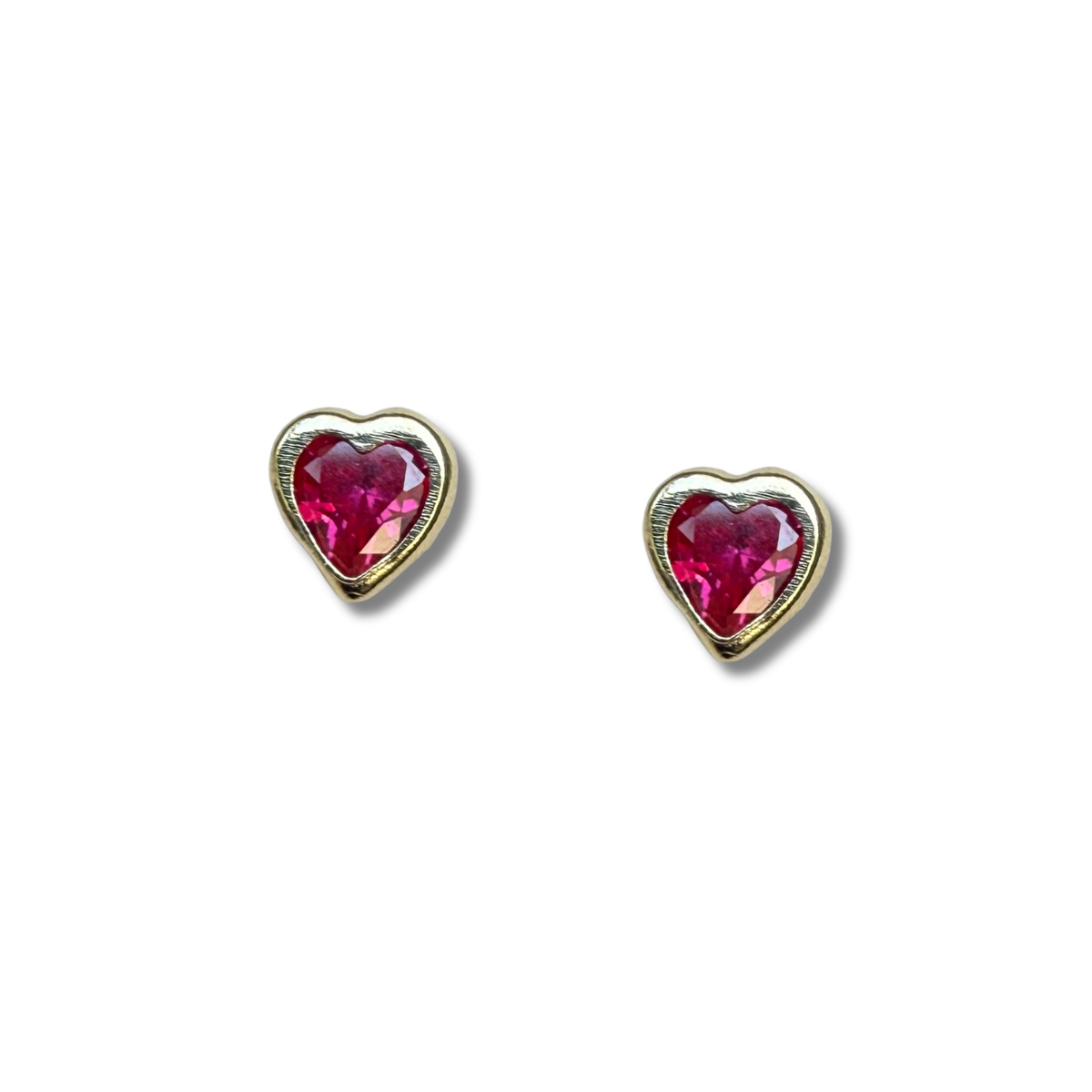 Aretes en oro amarillo 14k con corazón de circonita roja biselado con tope rosca