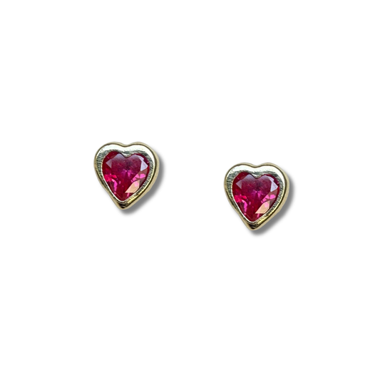 Aretes en oro amarillo 14k con corazón de circonita roja biselado con tope rosca