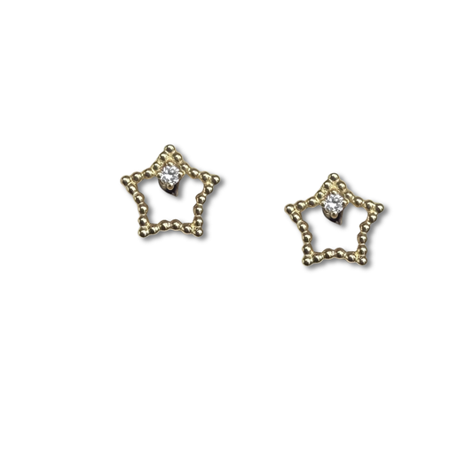 Aretes en oro amarillo 18k estrellita delineada con diamante con broche rosca