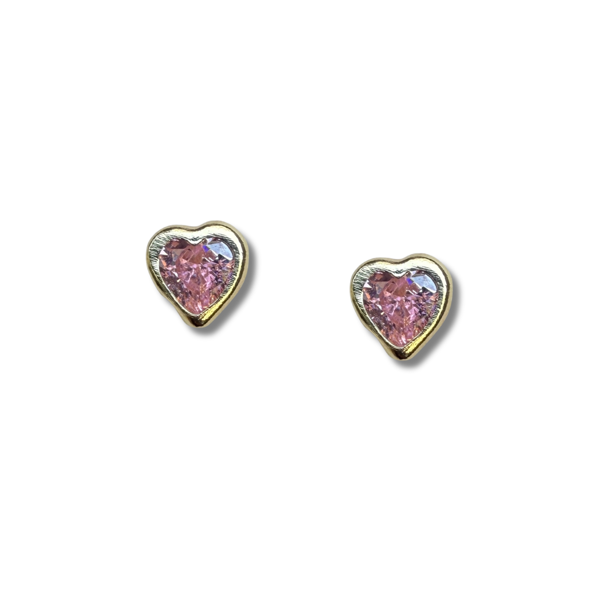 Aretes en oro amarillo 14k con corazón de circonita rosada biselado con tope rosca