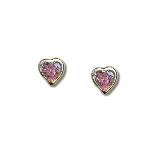 Aretes en oro amarillo 14k con corazón de circonita rosada biselado con tope rosca